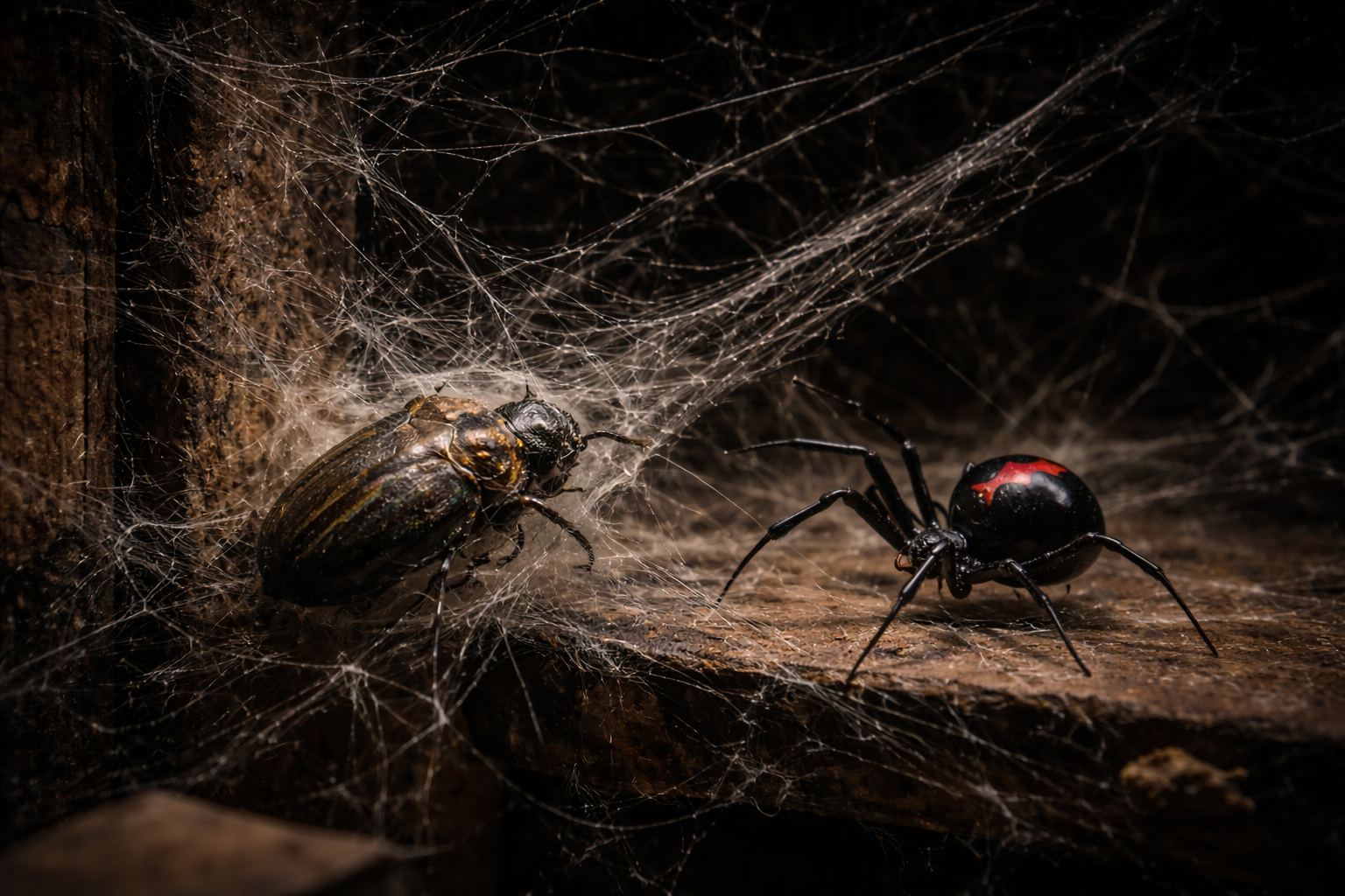 Черная вдова подкрадывается к жертве в паутине